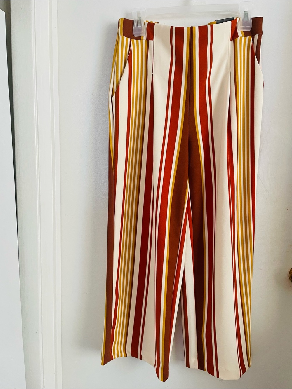 Jules & Leopold Vertical-Striped Wide Leg Pants in Cream, Rust & Mustard